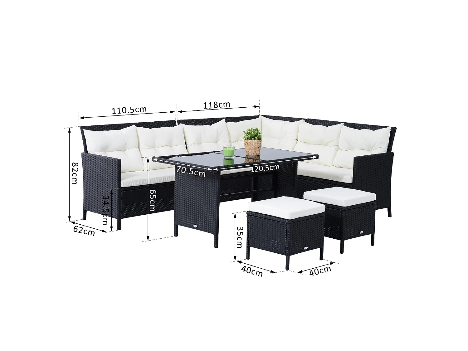 Semapa 8 Seater Black PE Rattan Corner Dining Sofa Set with Double Table and Cream Cushions