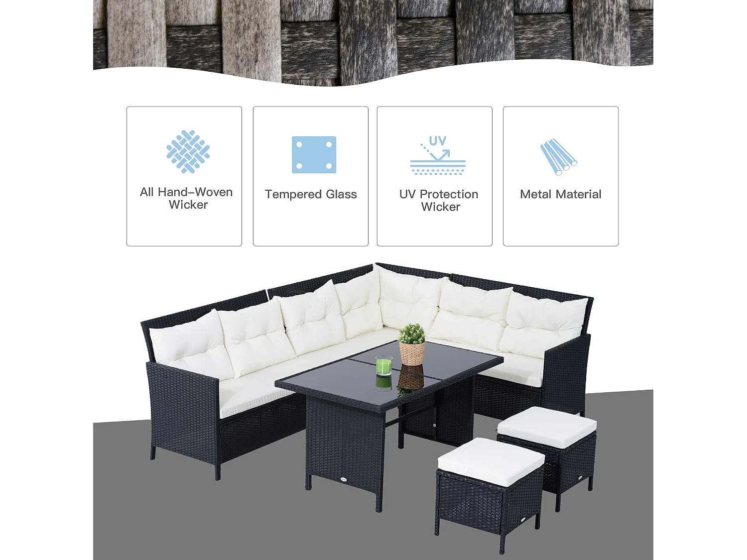 Semapa 8 Seater Black PE Rattan Corner Dining Sofa Set with Double Table and Cream Cushions