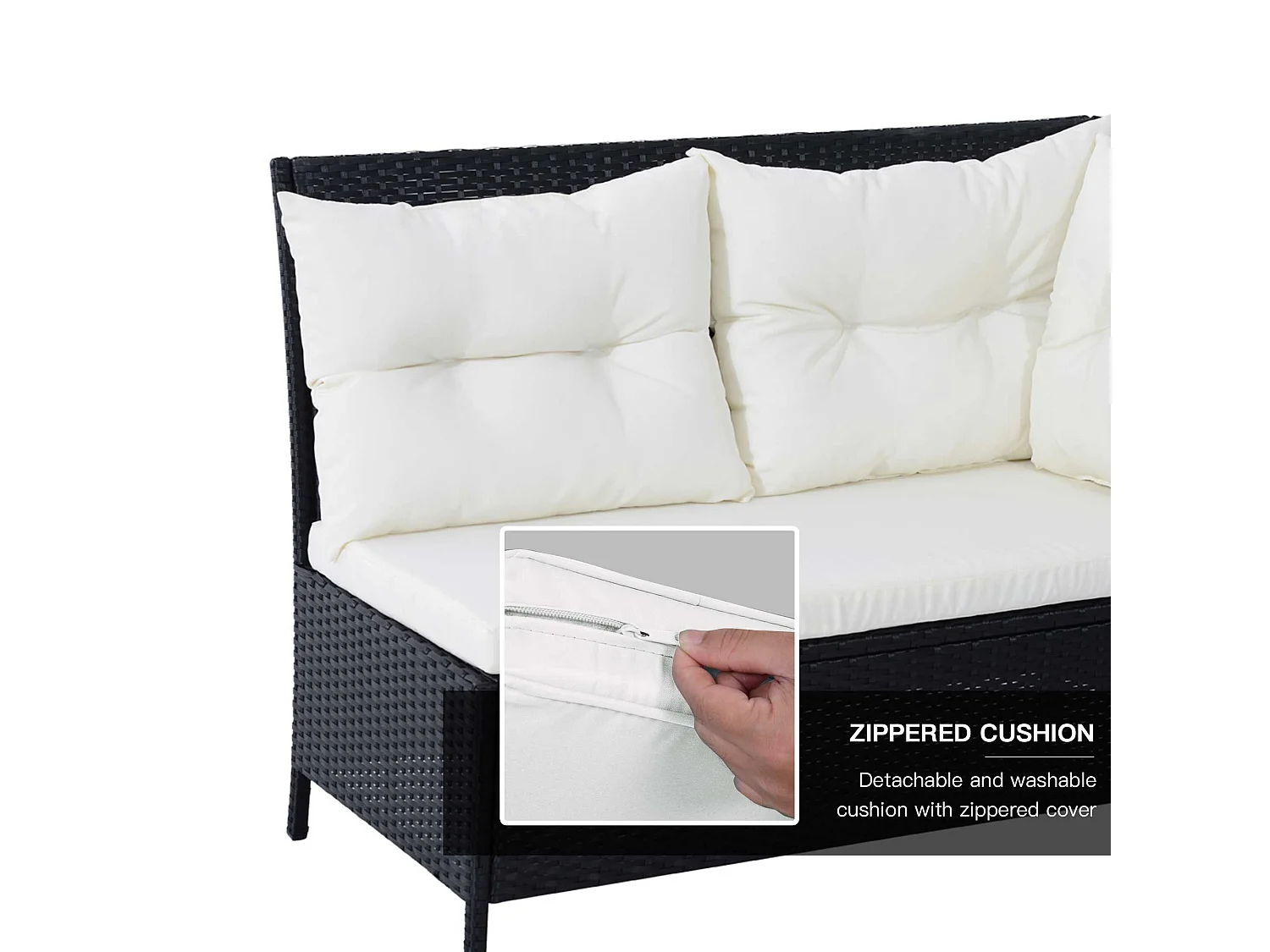 Semapa 8 Seater Black PE Rattan Corner Dining Sofa Set with Double Table and Cream Cushions