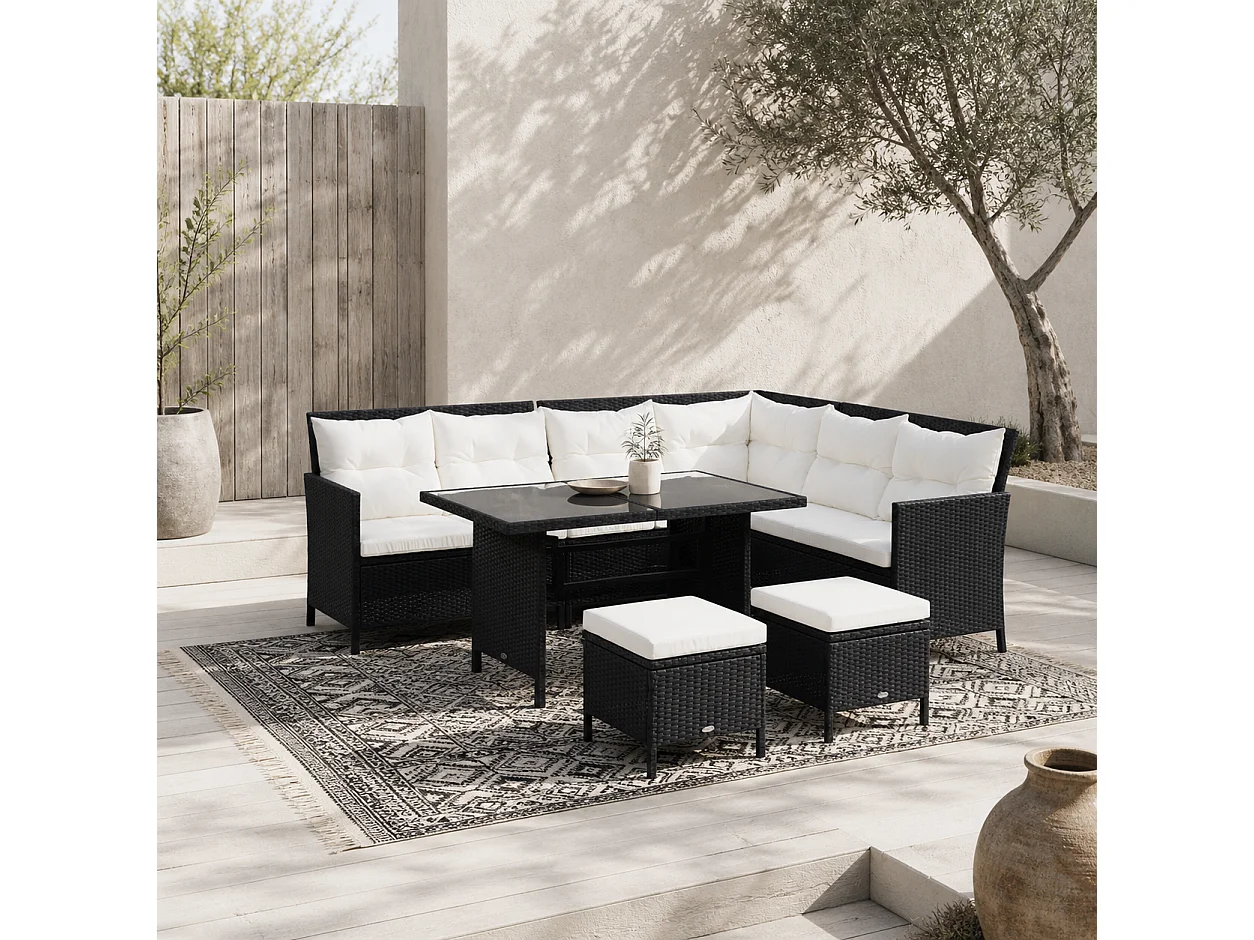 Semapa 8 Seater Black PE Rattan Corner Dining Sofa Set with Double Table and Cream Cushions