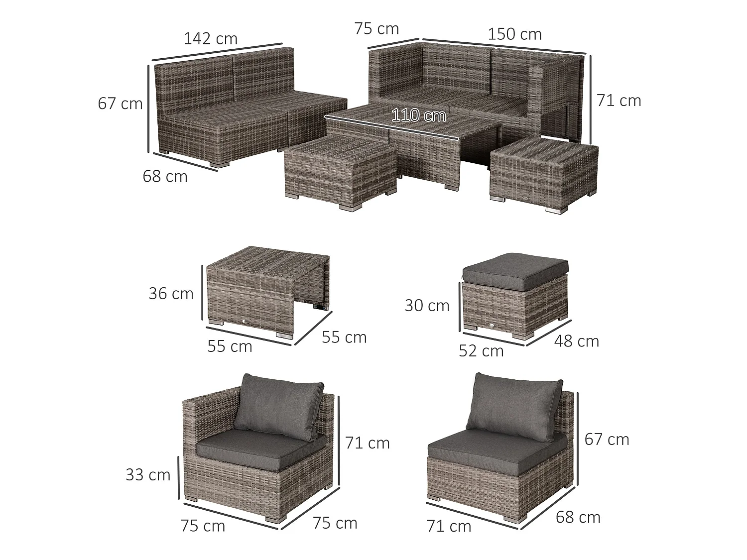 Relu Mixed Grey 6 Seater Rattan Outdoor Sofa Set with Chairs Footstools and Tables