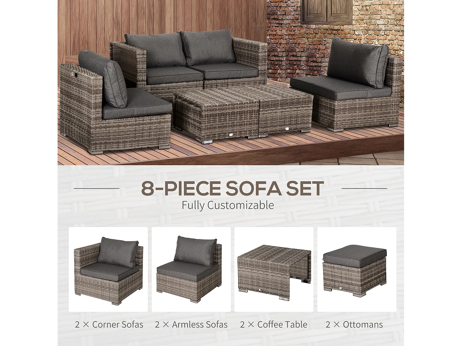 Relu Mixed Grey 6 Seater Rattan Outdoor Sofa Set with Chairs Footstools and Tables