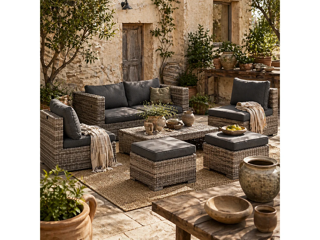Relu Mixed Grey 6 Seater Rattan Outdoor Sofa Set with Chairs Footstools and Tables