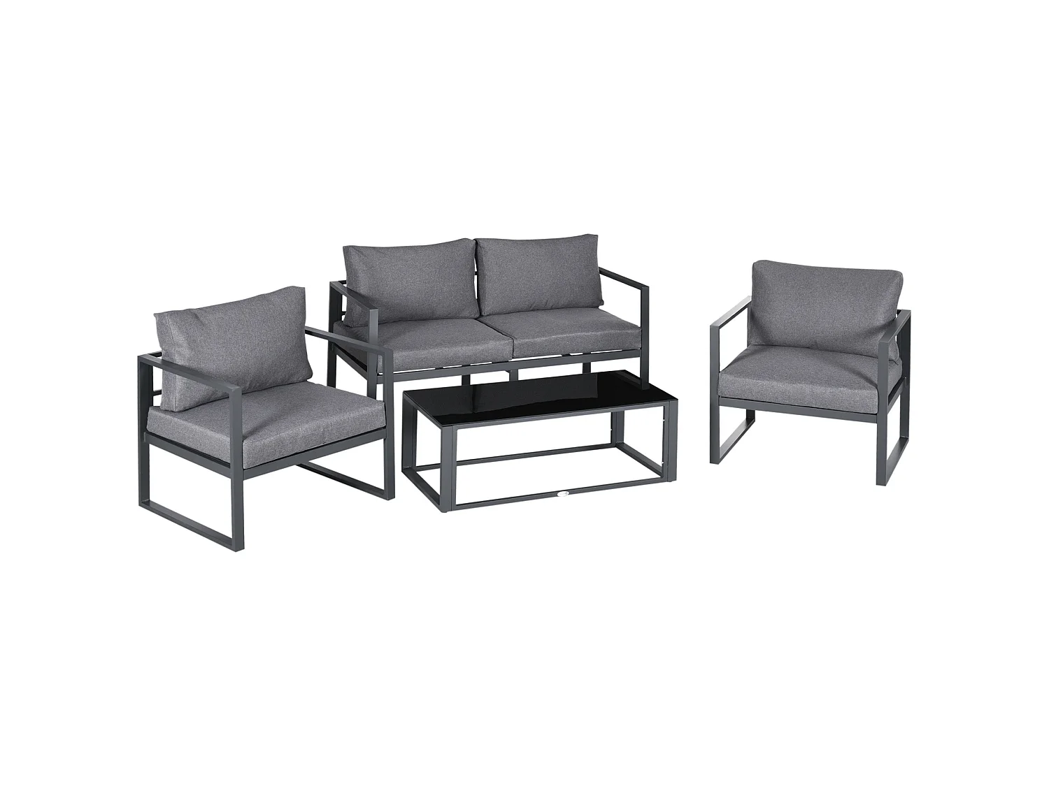 Luro 4 Seater Grey Aluminium Garden Sofa Set with 2 Armchairs 1 Sofa and 1 Glass Coffee Table