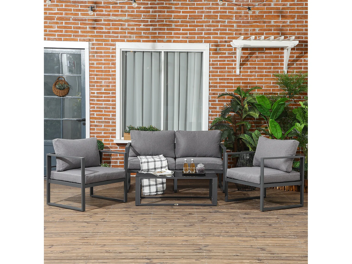 Luro 4 Seater Grey Aluminium Garden Sofa Set with 2 Armchairs 1 Sofa and 1 Glass Coffee Table
