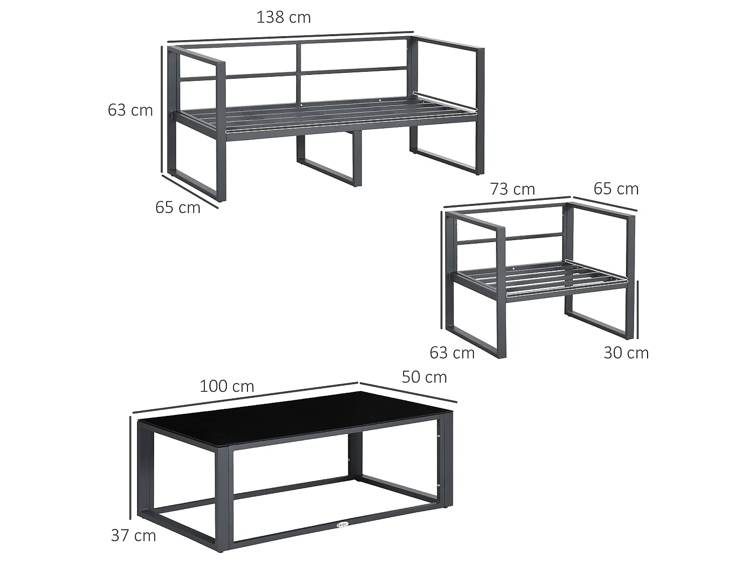 Luro 4 Seater Grey Aluminium Garden Sofa Set with 2 Armchairs 1 Sofa and 1 Glass Coffee Table