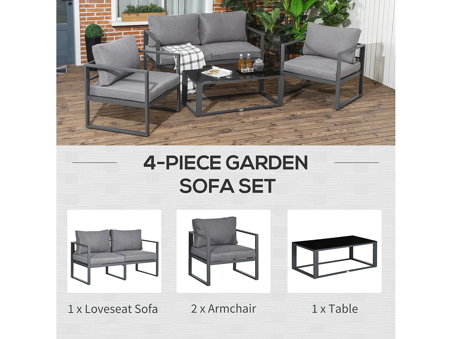 Luro 4 Seater Grey Aluminium Garden Sofa Set with 2 Armchairs 1 Sofa and 1 Glass Coffee Table