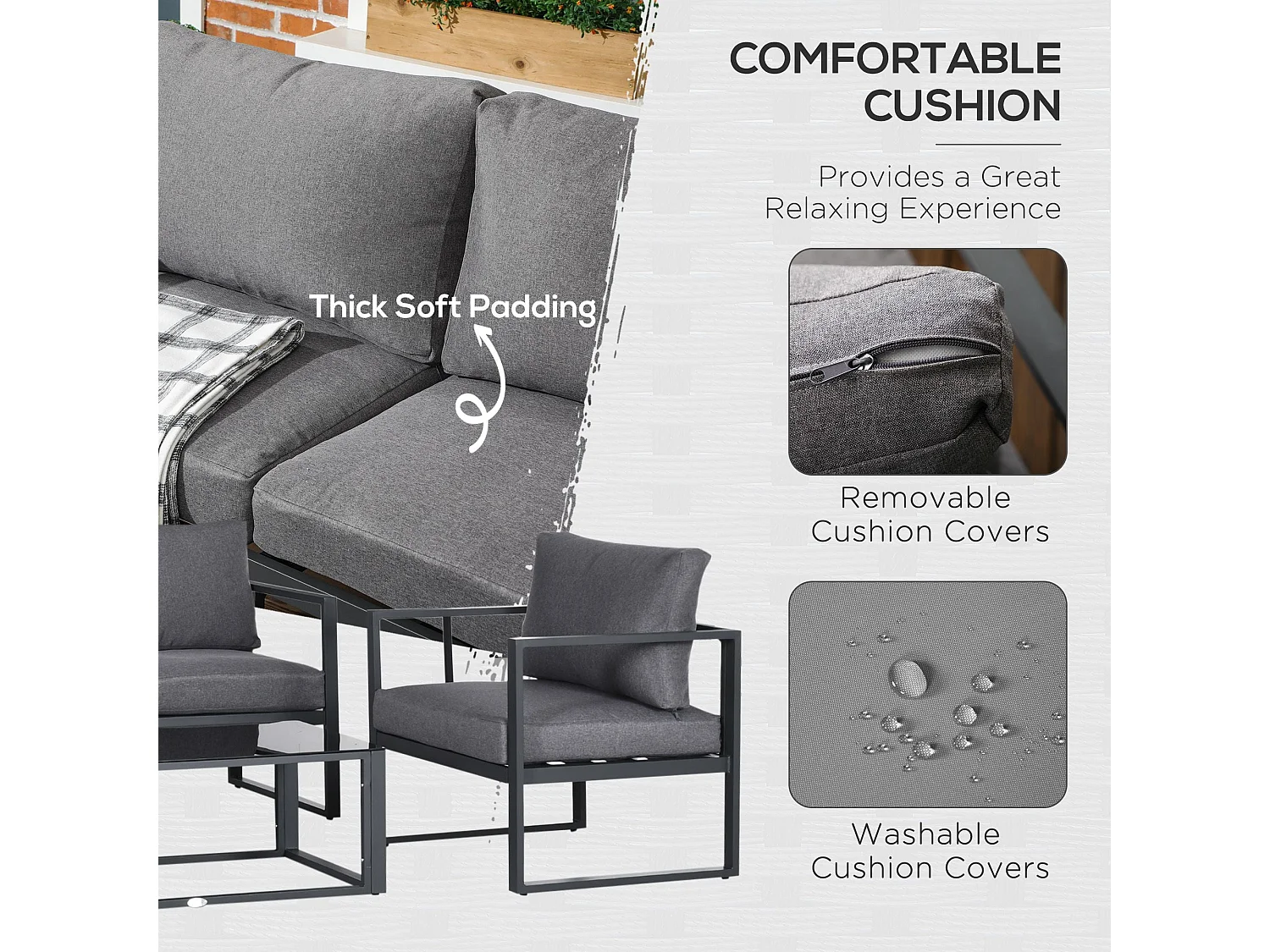 Luro 4 Seater Grey Aluminium Garden Sofa Set with 2 Armchairs 1 Sofa and 1 Glass Coffee Table