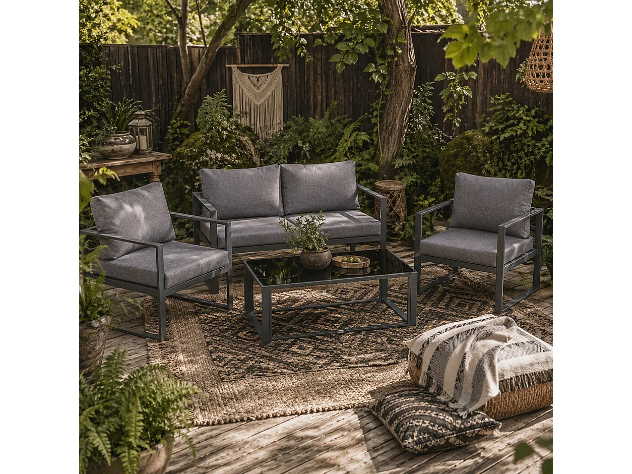 Luro 4 Seater Grey Aluminium Garden Sofa Set with 2 Armchairs 1 Sofa and 1 Glass Coffee Table