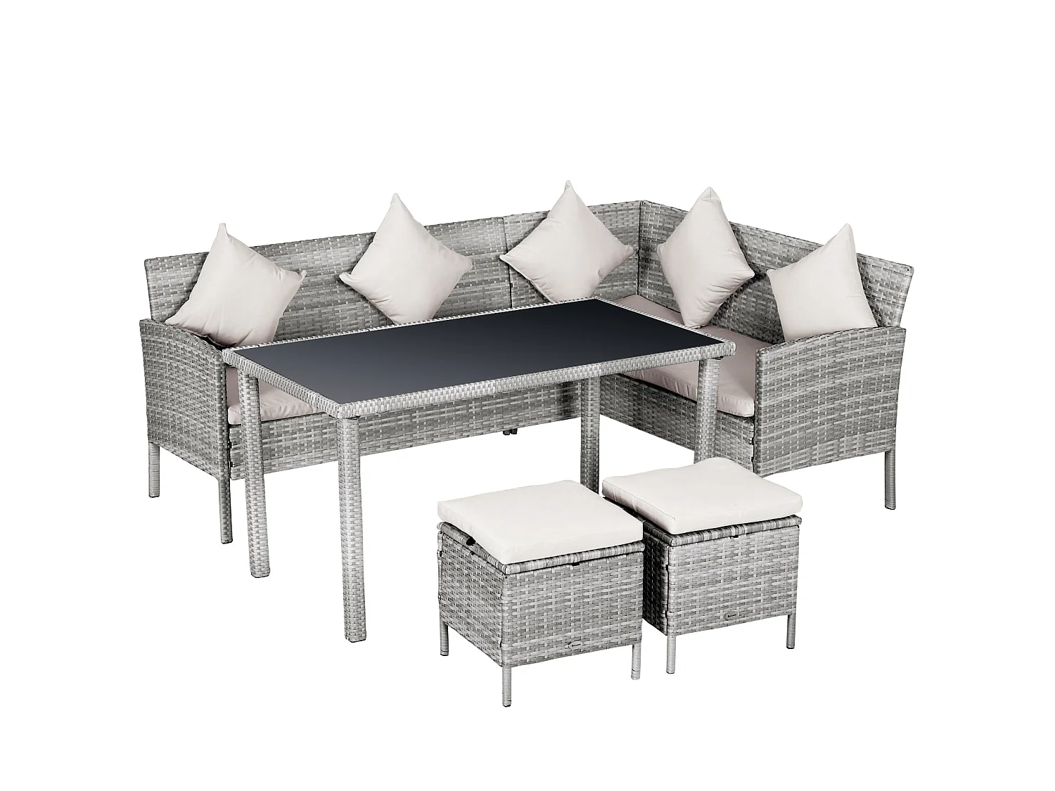 Mora 7 Seater Modular Rattan Outdoor Dining Set Sofa 2 Footstools Rectangular Table