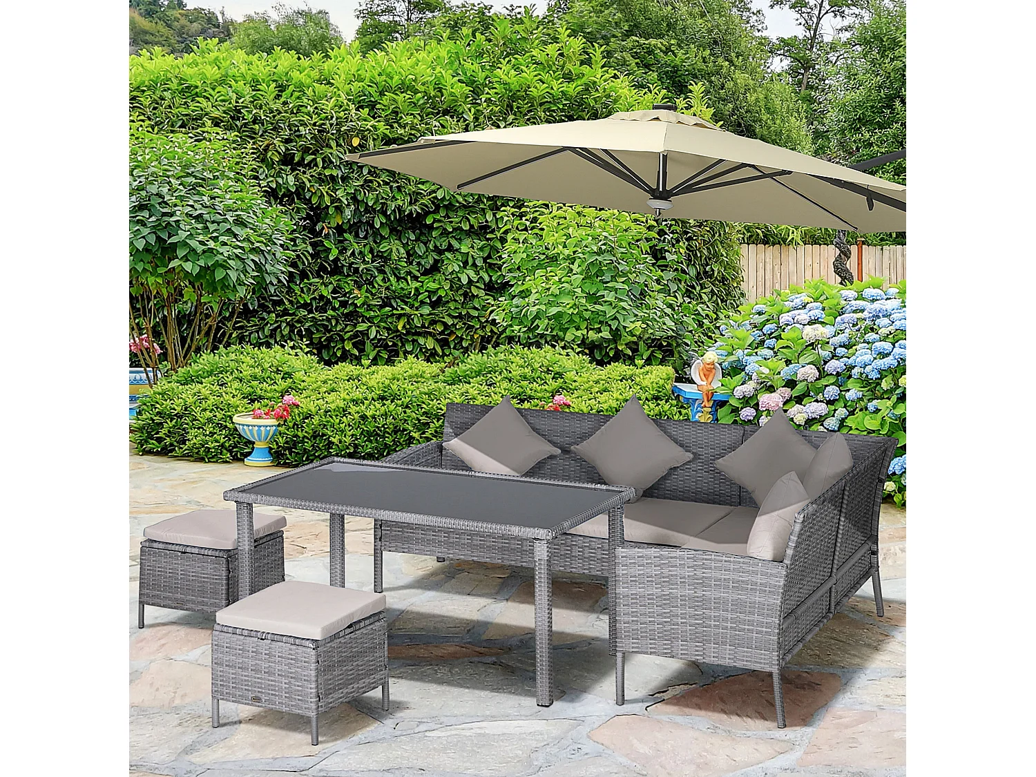 Mora 7 Seater Modular Rattan Outdoor Dining Set Sofa 2 Footstools Rectangular Table