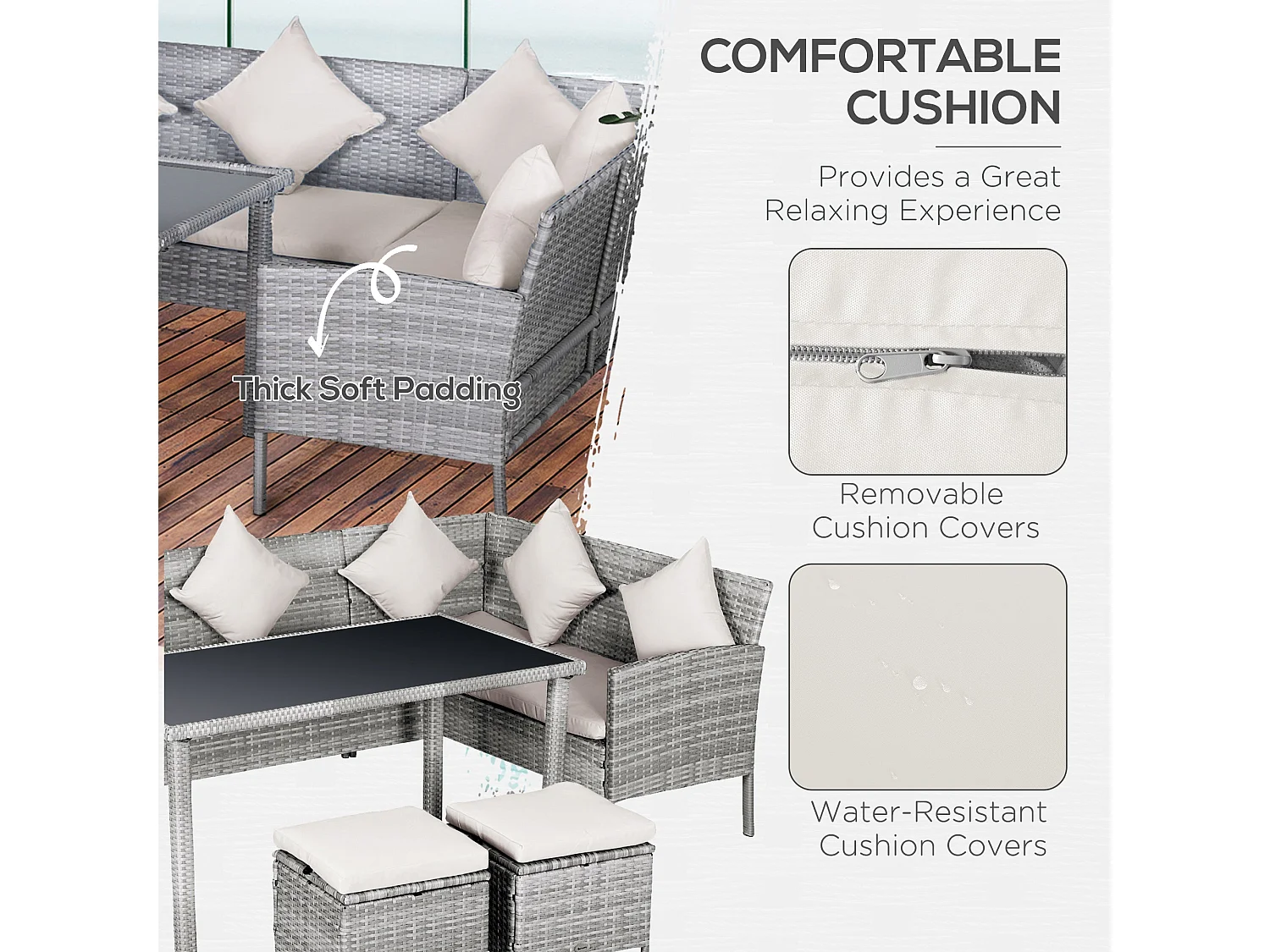 Mora 7 Seater Modular Rattan Outdoor Dining Set Sofa 2 Footstools Rectangular Table