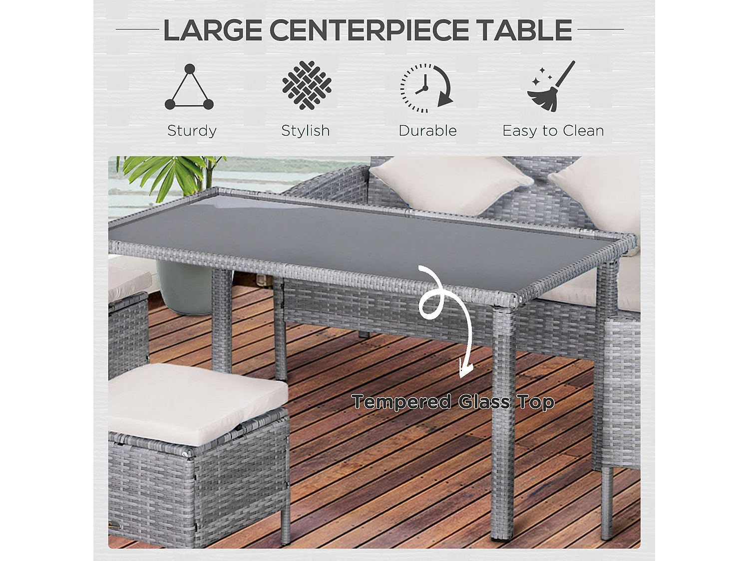 Mora 7 Seater Modular Rattan Outdoor Dining Set Sofa 2 Footstools Rectangular Table