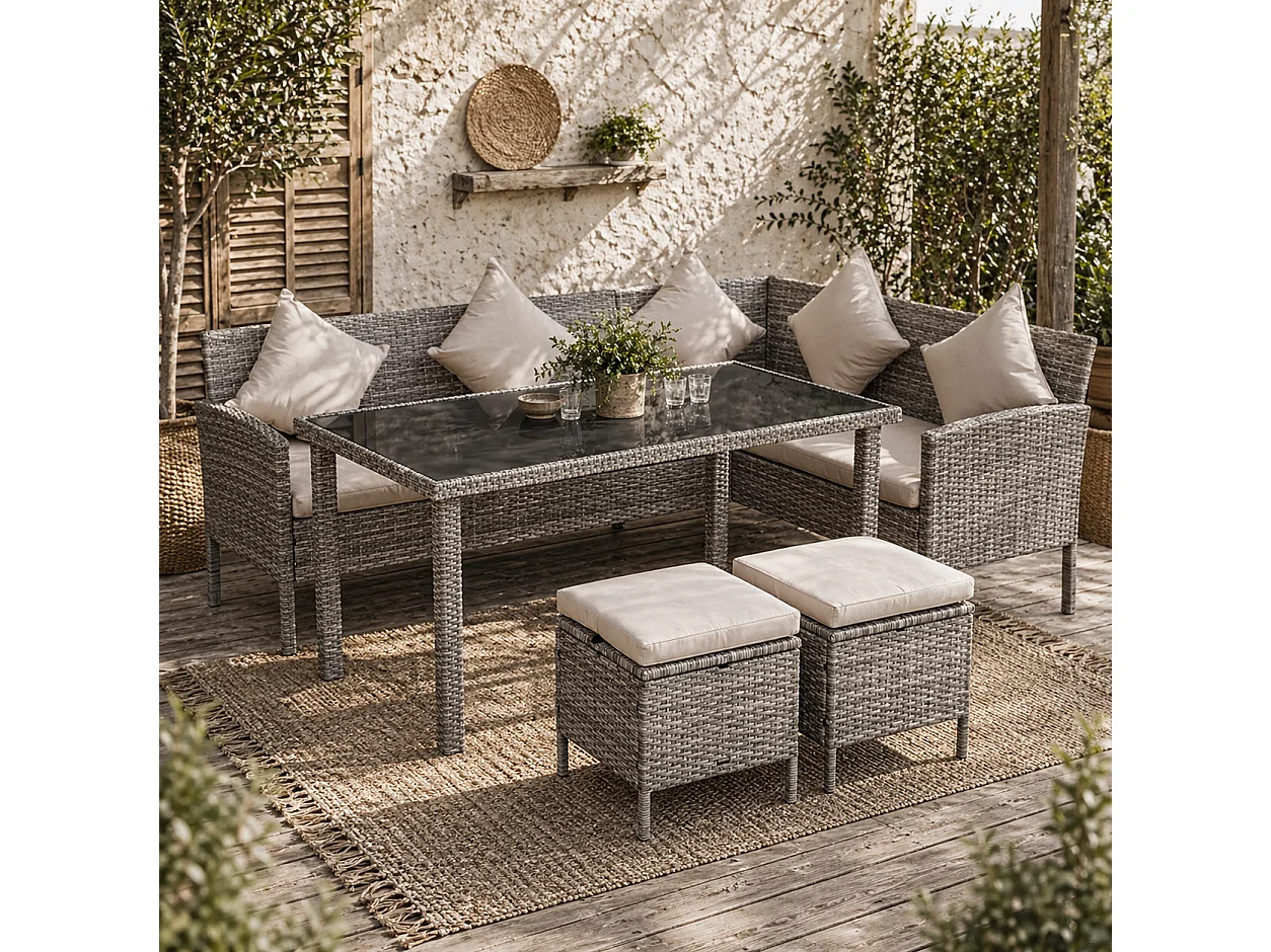 Mora 7 Seater Modular Rattan Outdoor Dining Set Sofa 2 Footstools Rectangular Table