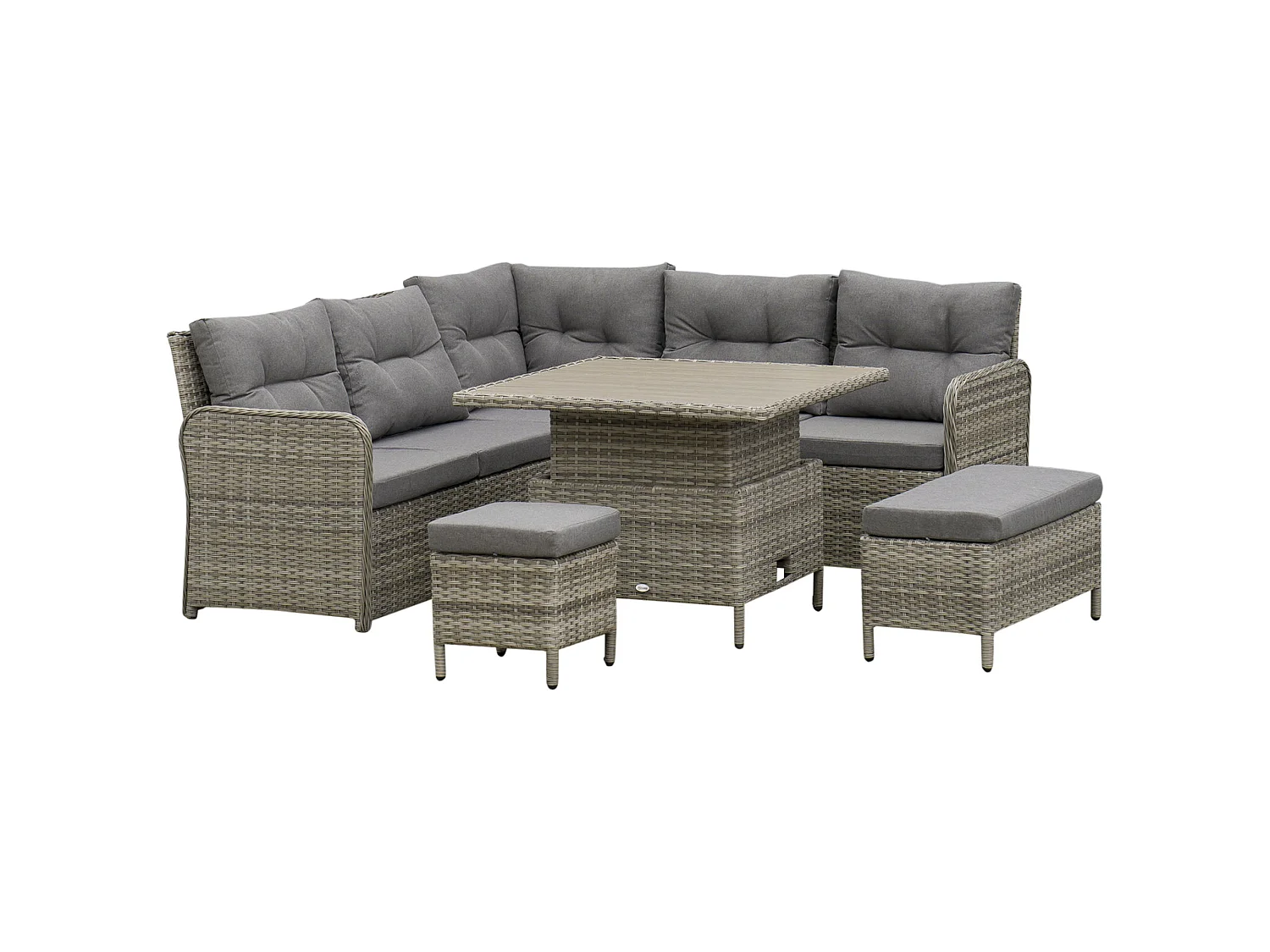 Kadira 6 Piece Grey Faux Rattan Corner Sofa Set with Padded Cushions and Lift Top Table