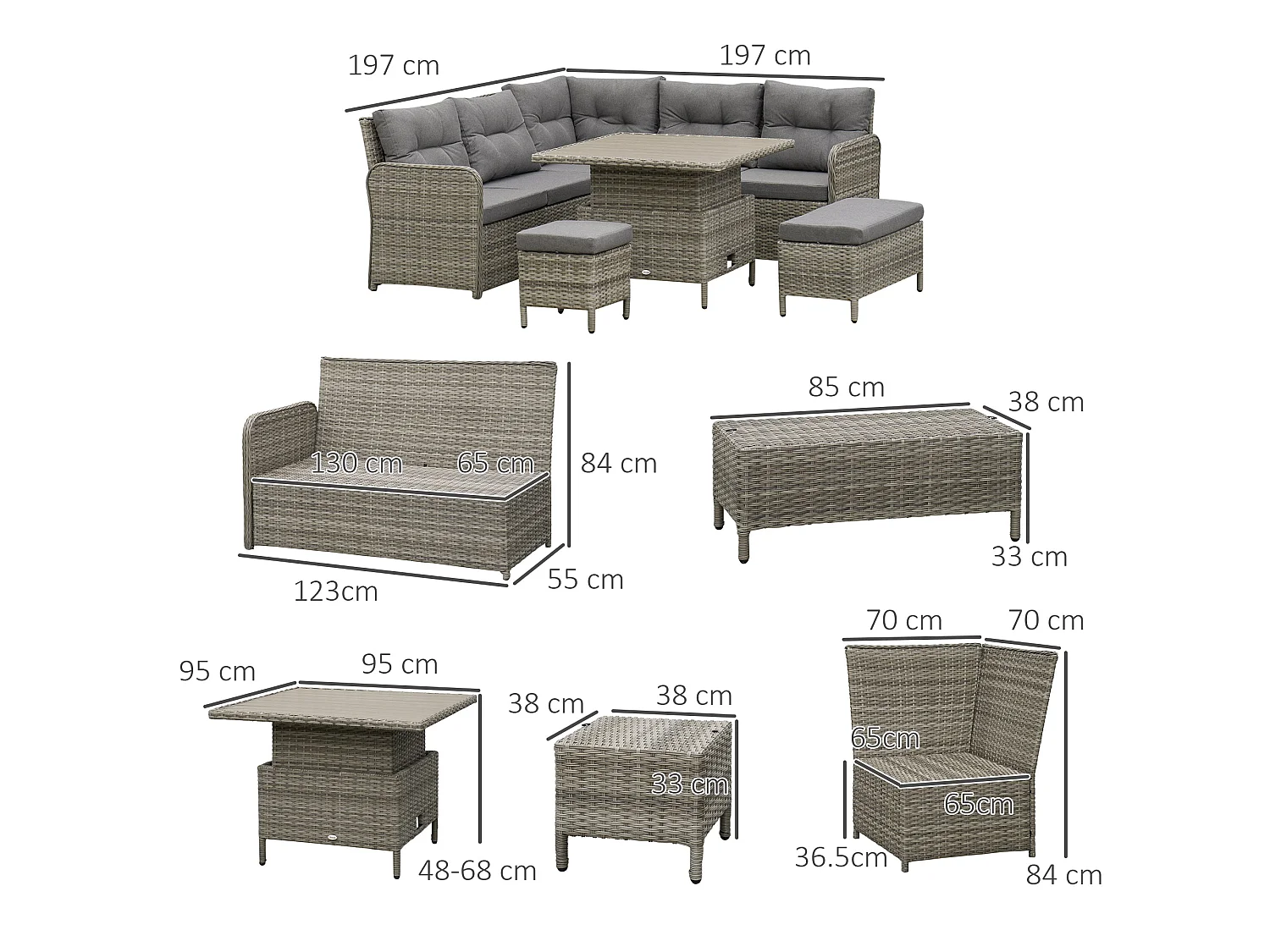 Kadira 6 Piece Grey Faux Rattan Corner Sofa Set with Padded Cushions and Lift Top Table