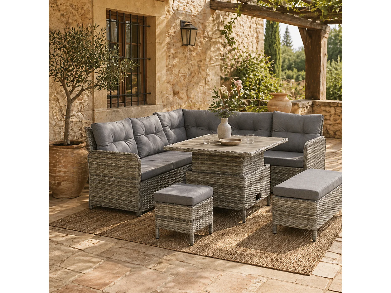 Kadira 6 Piece Grey Faux Rattan Corner Sofa Set with Padded Cushions and Lift Top Table