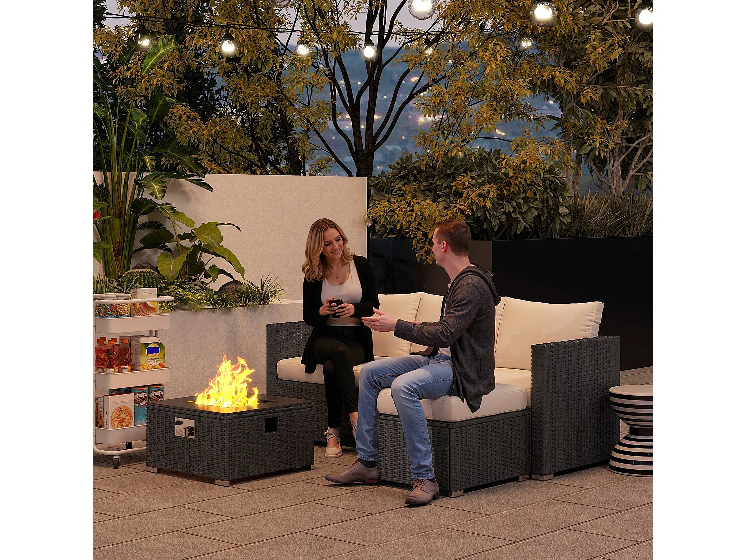Misa 5‑Piece Rattan Modular Garden Sofa Set with Gas Fire Pit Table and Footstool