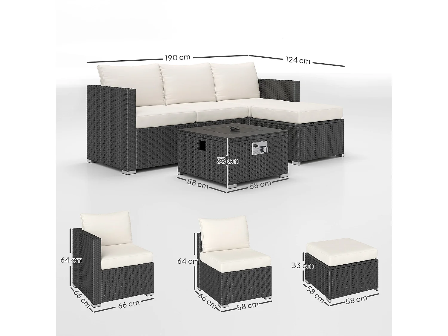 Misa 5‑Piece Rattan Modular Garden Sofa Set with Gas Fire Pit Table and Footstool