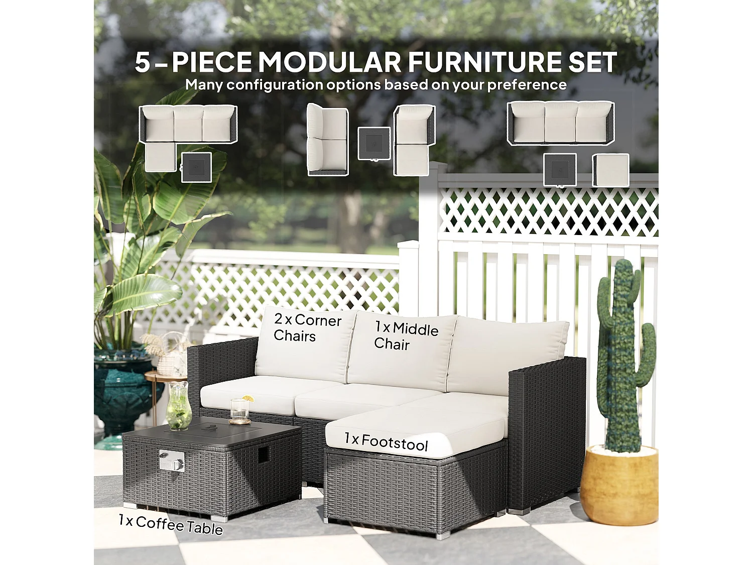 Misa 5‑Piece Rattan Modular Garden Sofa Set with Gas Fire Pit Table and Footstool