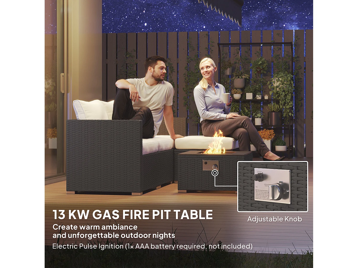 Misa 5‑Piece Rattan Modular Garden Sofa Set with Gas Fire Pit Table and Footstool