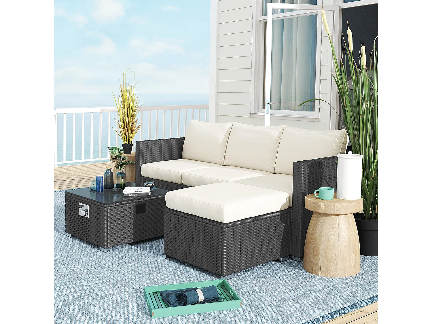 Misa 5‑Piece Rattan Modular Garden Sofa Set with Gas Fire Pit Table and Footstool
