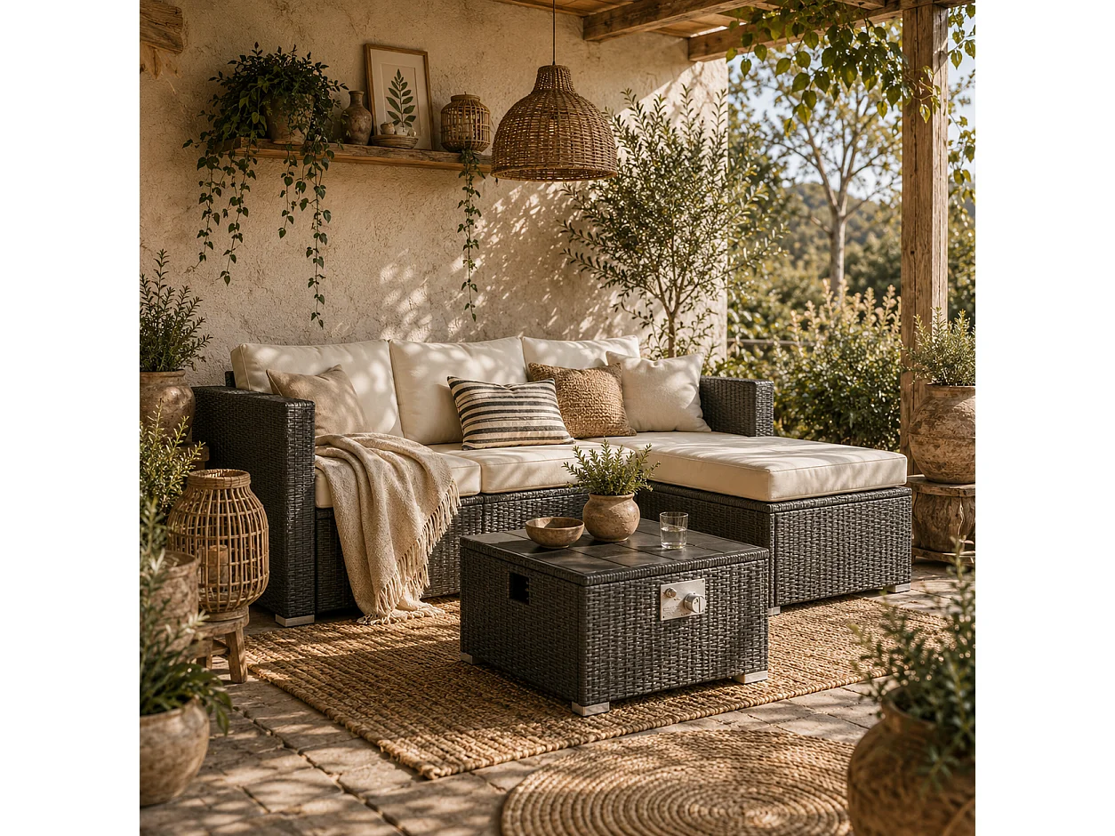 Misa 5‑Piece Rattan Modular Garden Sofa Set with Gas Fire Pit Table and Footstool