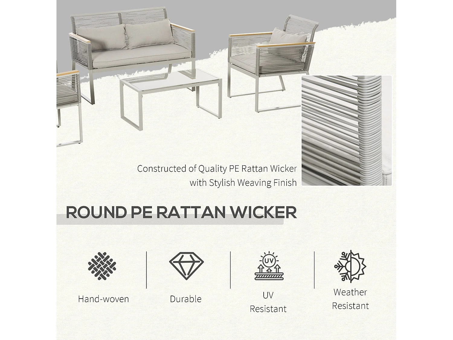Rotoyo Kaha Grey 4 Seater Rattan Style Outdoor Sofa Set with Cushions