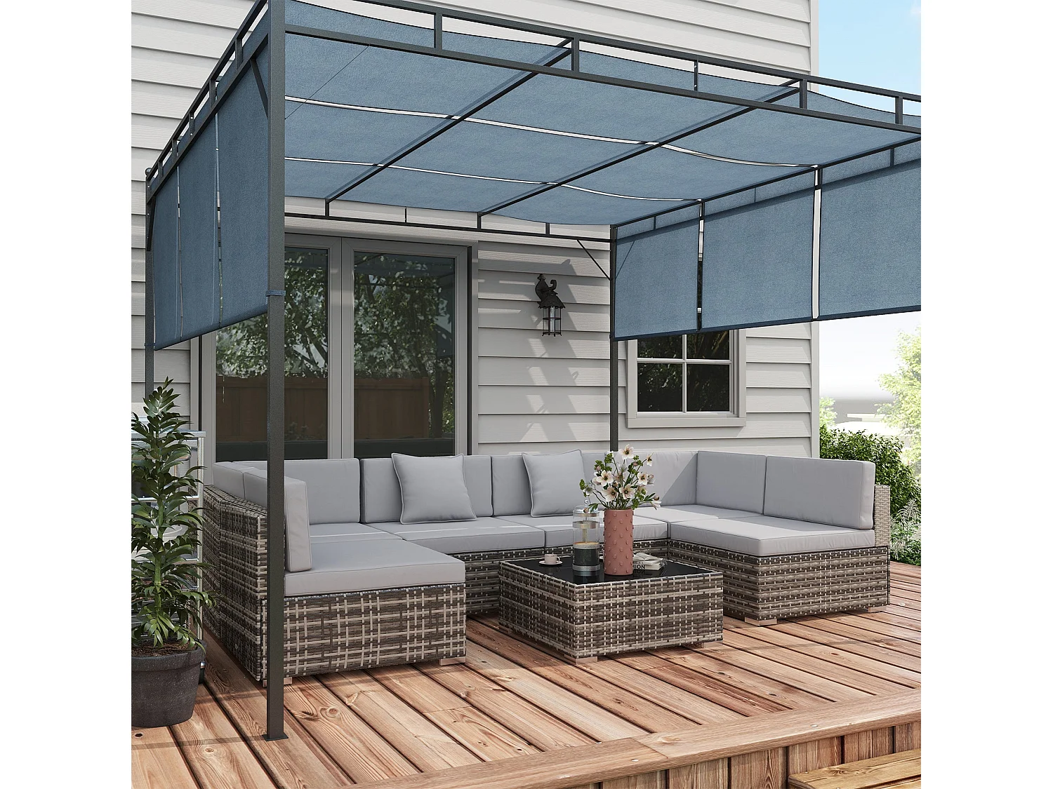 Nalo Elni Grey 7 Piece Modular Rattan Garden Sofa Set with 5mm Glass Table