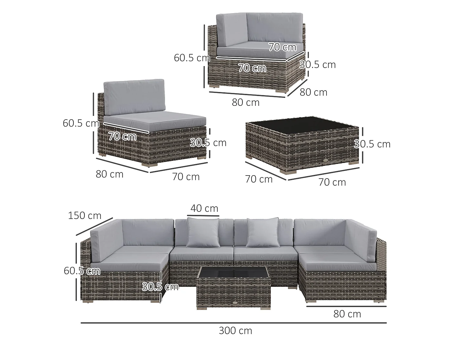Nalo Elni Grey 7 Piece Modular Rattan Garden Sofa Set with 5mm Glass Table