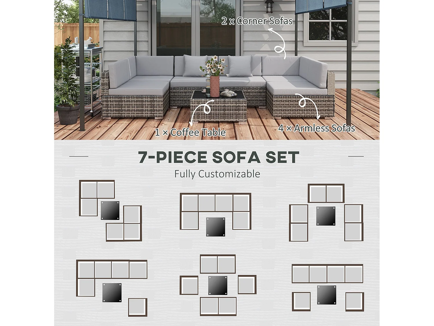 Nalo Elni Grey 7 Piece Modular Rattan Garden Sofa Set with 5mm Glass Table