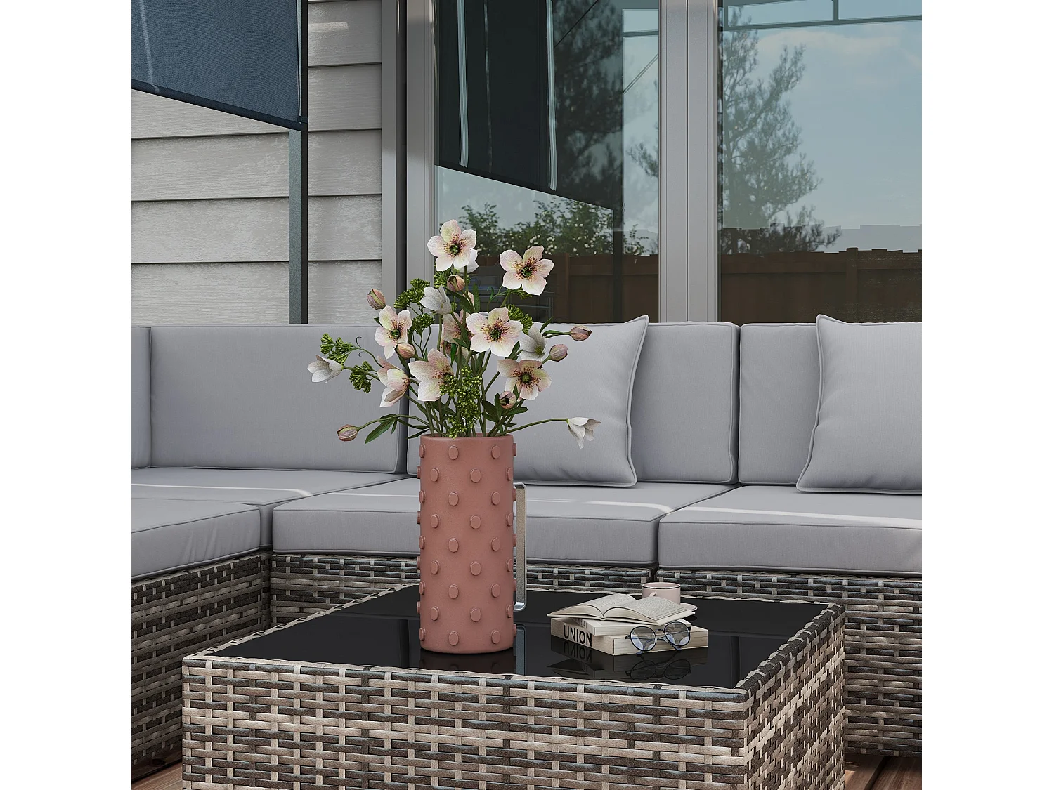 Nalo Elni Grey 7 Piece Modular Rattan Garden Sofa Set with 5mm Glass Table