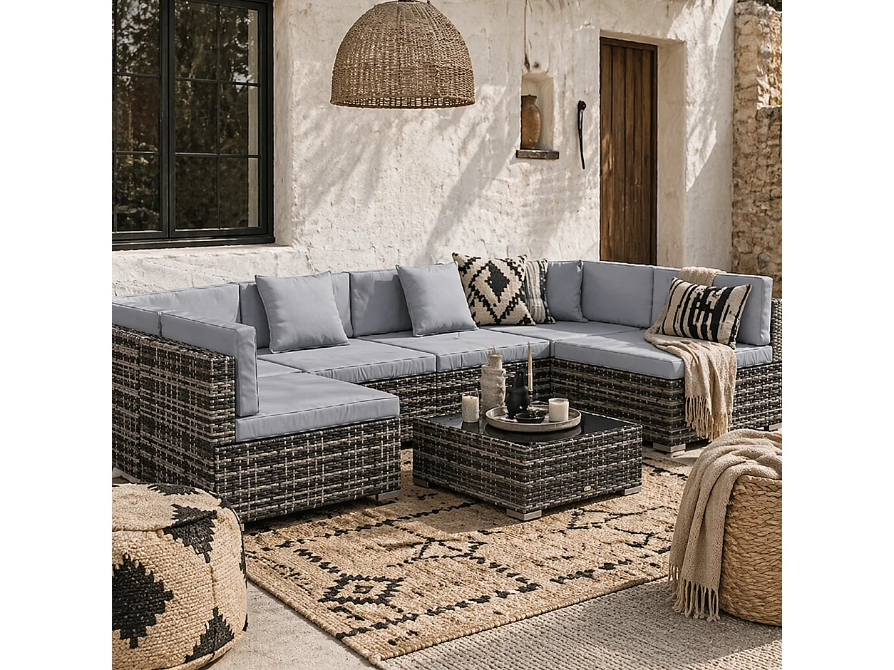 Nalo Elni Grey 7 Piece Modular Rattan Garden Sofa Set with 5mm Glass Table