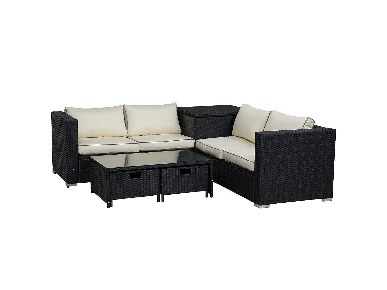 Nonasa 4 Piece Black Rattan Corner Sofa Set with Storage and Glass Tables