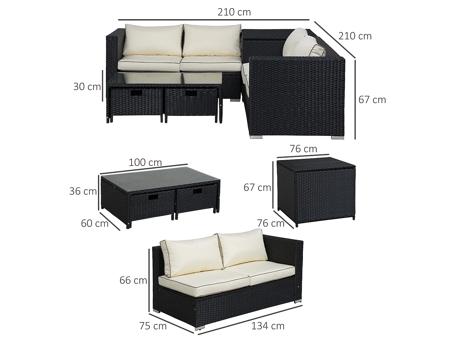 Nonasa 4 Piece Black Rattan Corner Sofa Set with Storage and Glass Tables