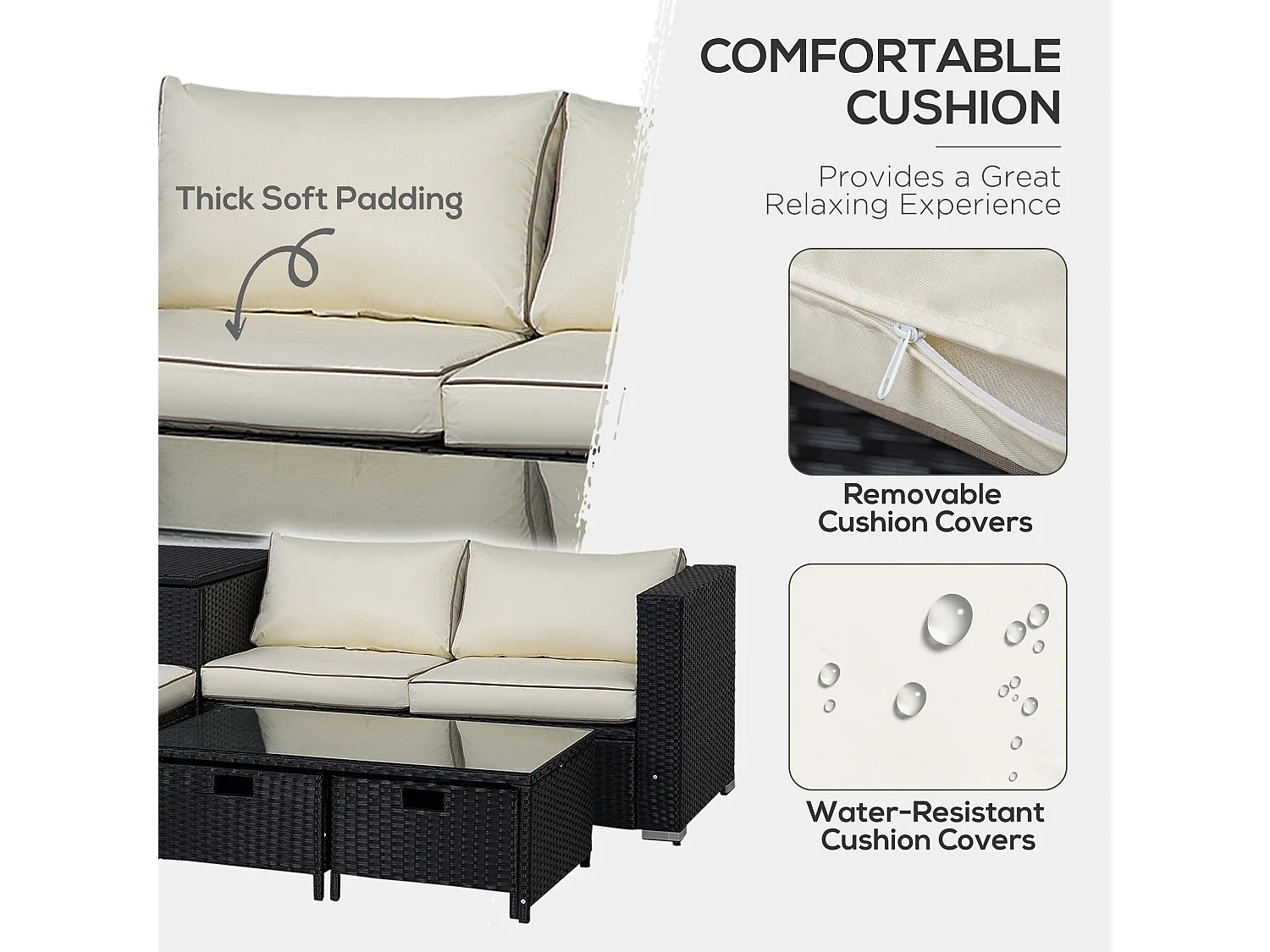 Nonasa 4 Piece Black Rattan Corner Sofa Set with Storage and Glass Tables