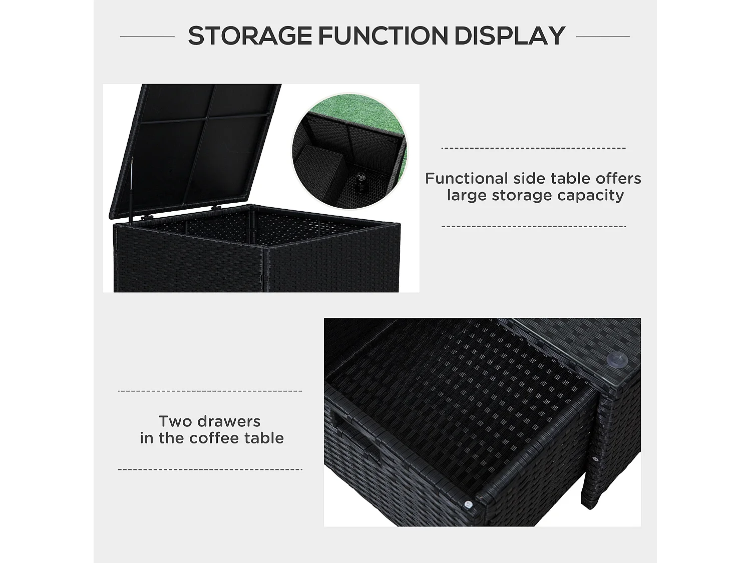Nonasa 4 Piece Black Rattan Corner Sofa Set with Storage and Glass Tables