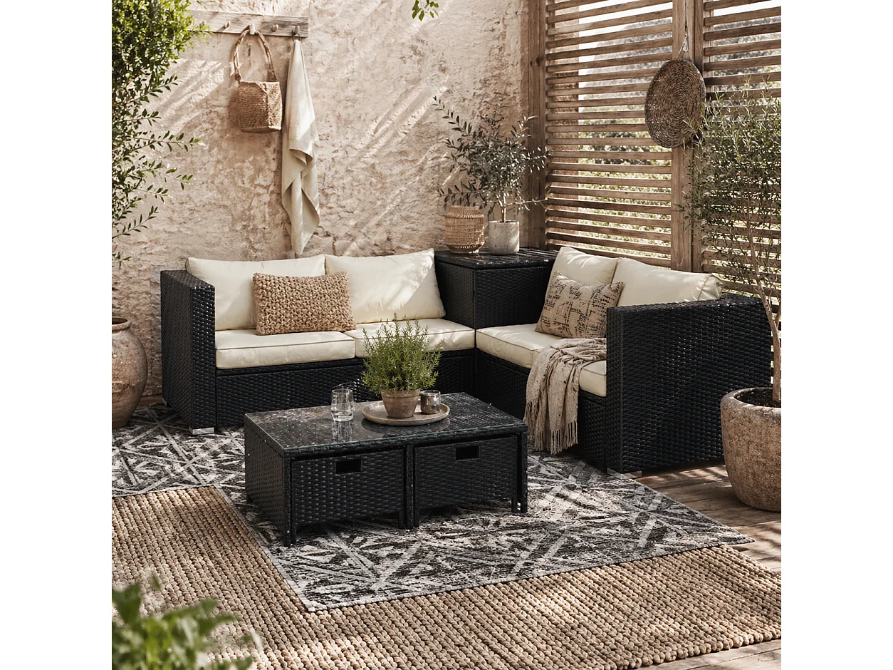Nonasa 4 Piece Black Rattan Corner Sofa Set with Storage and Glass Tables