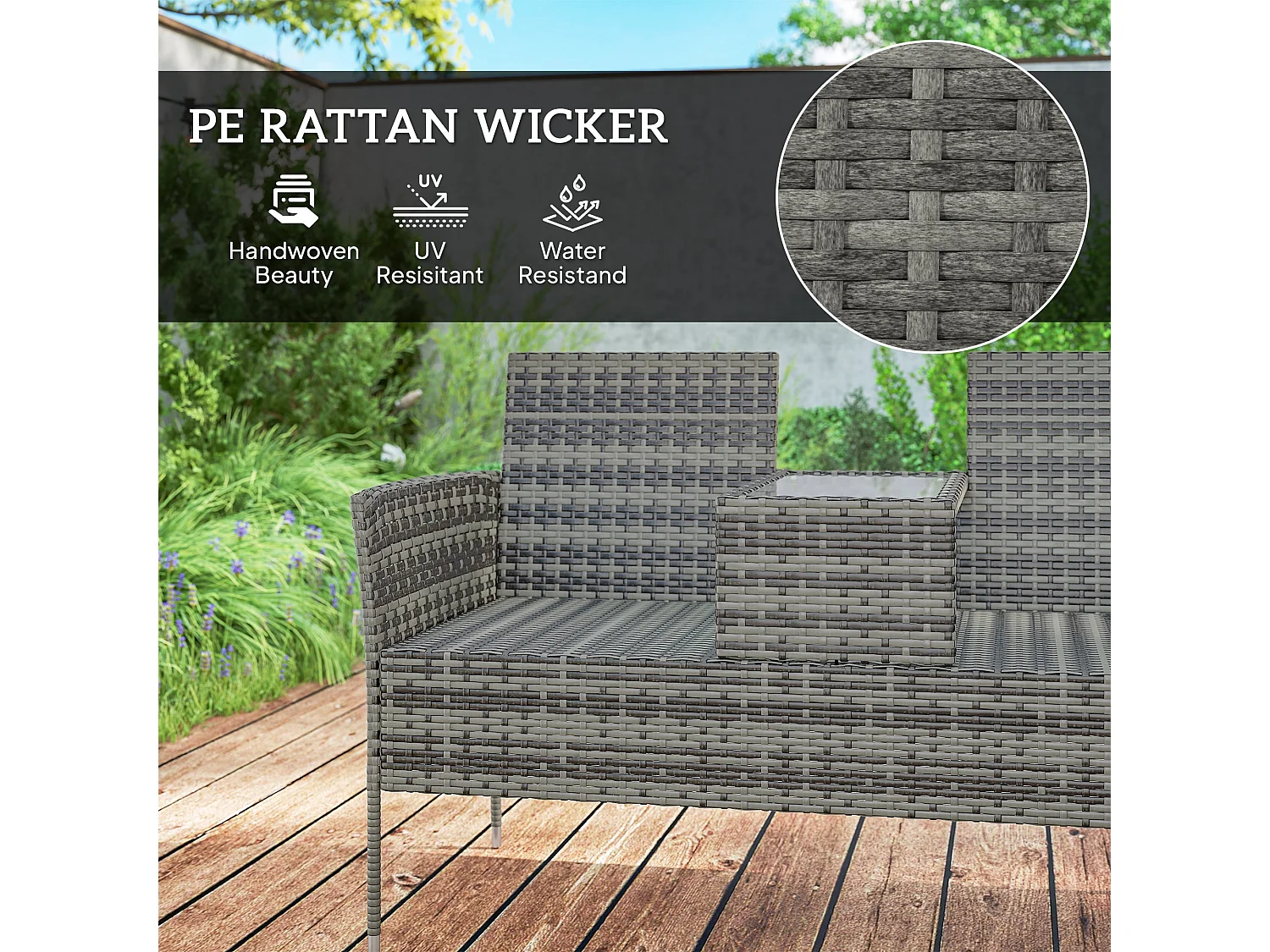 Cofi 2 Seater Rattan Sofa Dark Grey with Integrated Centre Table