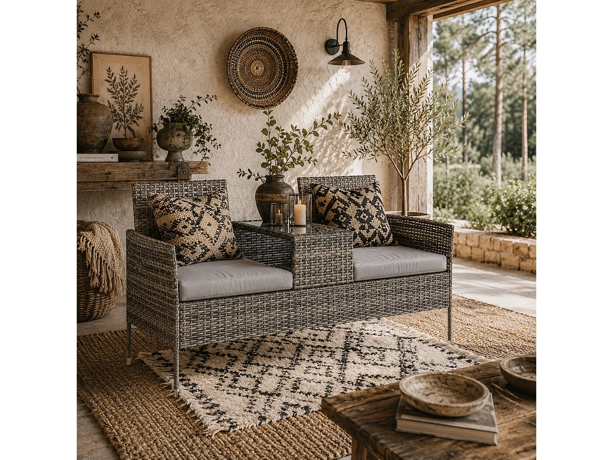 Cofi 2 Seater Rattan Sofa Dark Grey with Integrated Centre Table
