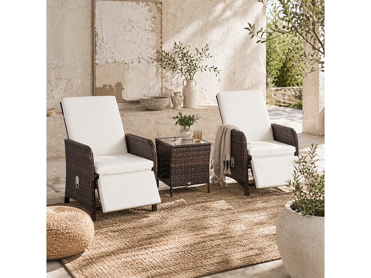 Nomo 3 Piece Rattan Bistro Set Reclining Chairs Cushions Storage