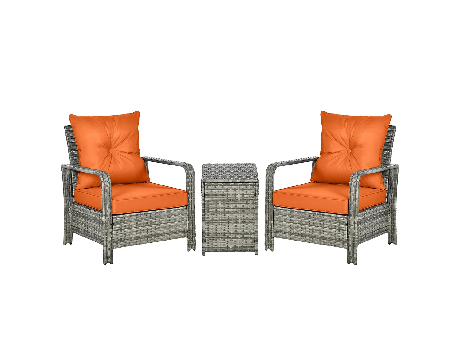 Nola Nora Grey PE Rattan 3 Piece Bistro Set with Storage Coffee Table and Orange Cushions