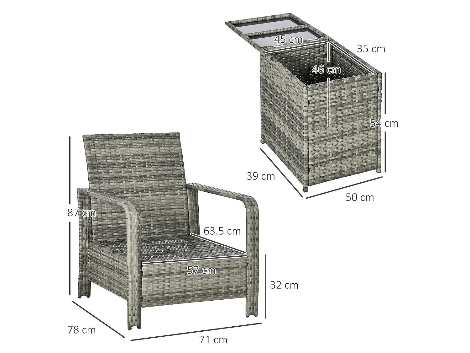 Nola Nora Grey PE Rattan 3 Piece Bistro Set with Storage Coffee Table and Orange Cushions