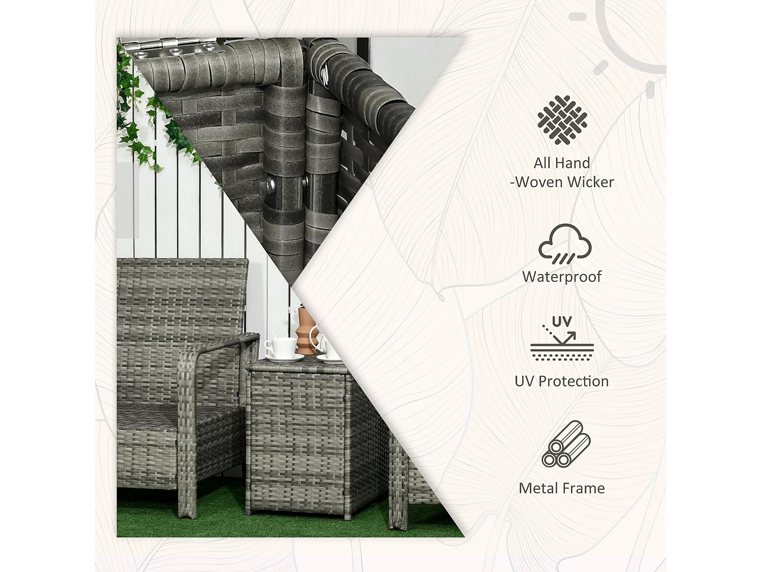 Nola Nora Grey PE Rattan 3 Piece Bistro Set with Storage Coffee Table and Orange Cushions