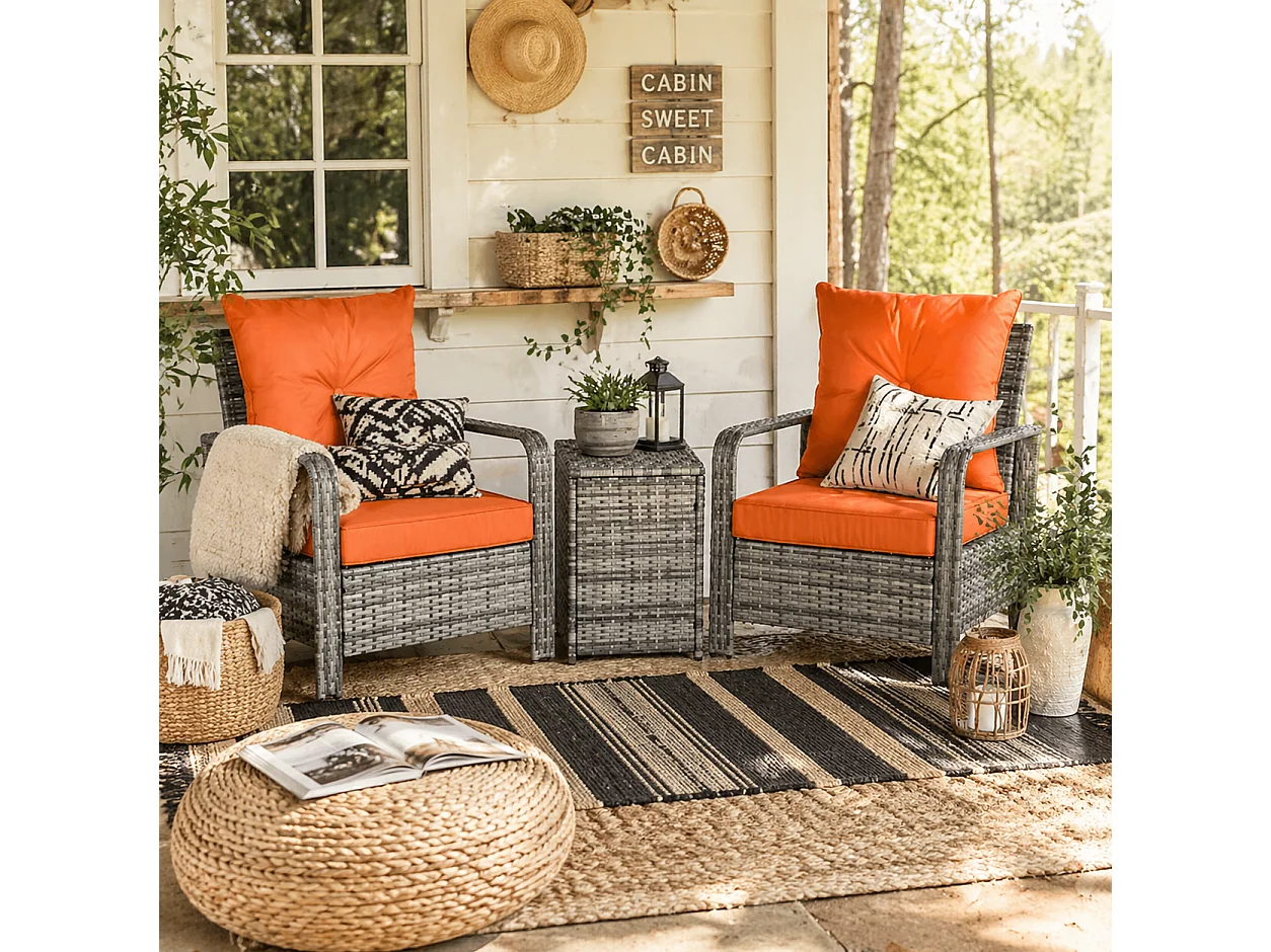 Nola Nora Grey PE Rattan 3 Piece Bistro Set with Storage Coffee Table and Orange Cushions