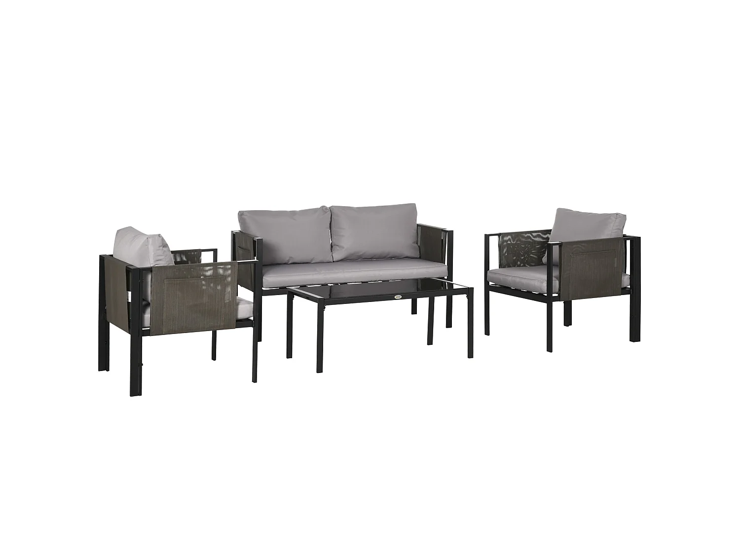 Vafa 4 Seater Metal Garden Sofa Set with Tempered Glass Coffee Table Black Frame and Light Grey Cushions