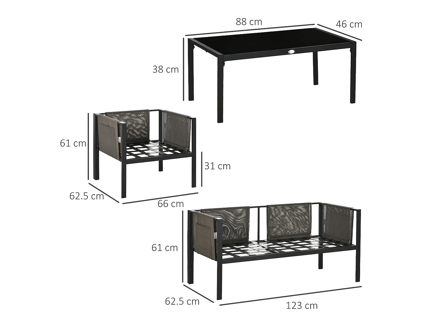 Vafa 4 Seater Metal Garden Sofa Set with Tempered Glass Coffee Table Black Frame and Light Grey Cushions