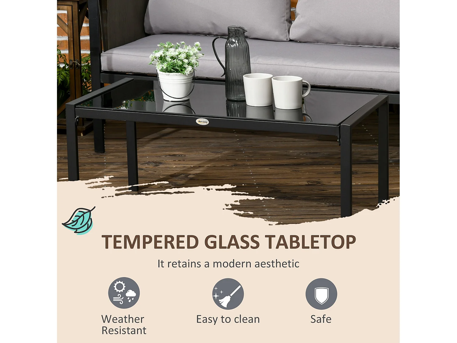 Vafa 4 Seater Metal Garden Sofa Set with Tempered Glass Coffee Table Black Frame and Light Grey Cushions