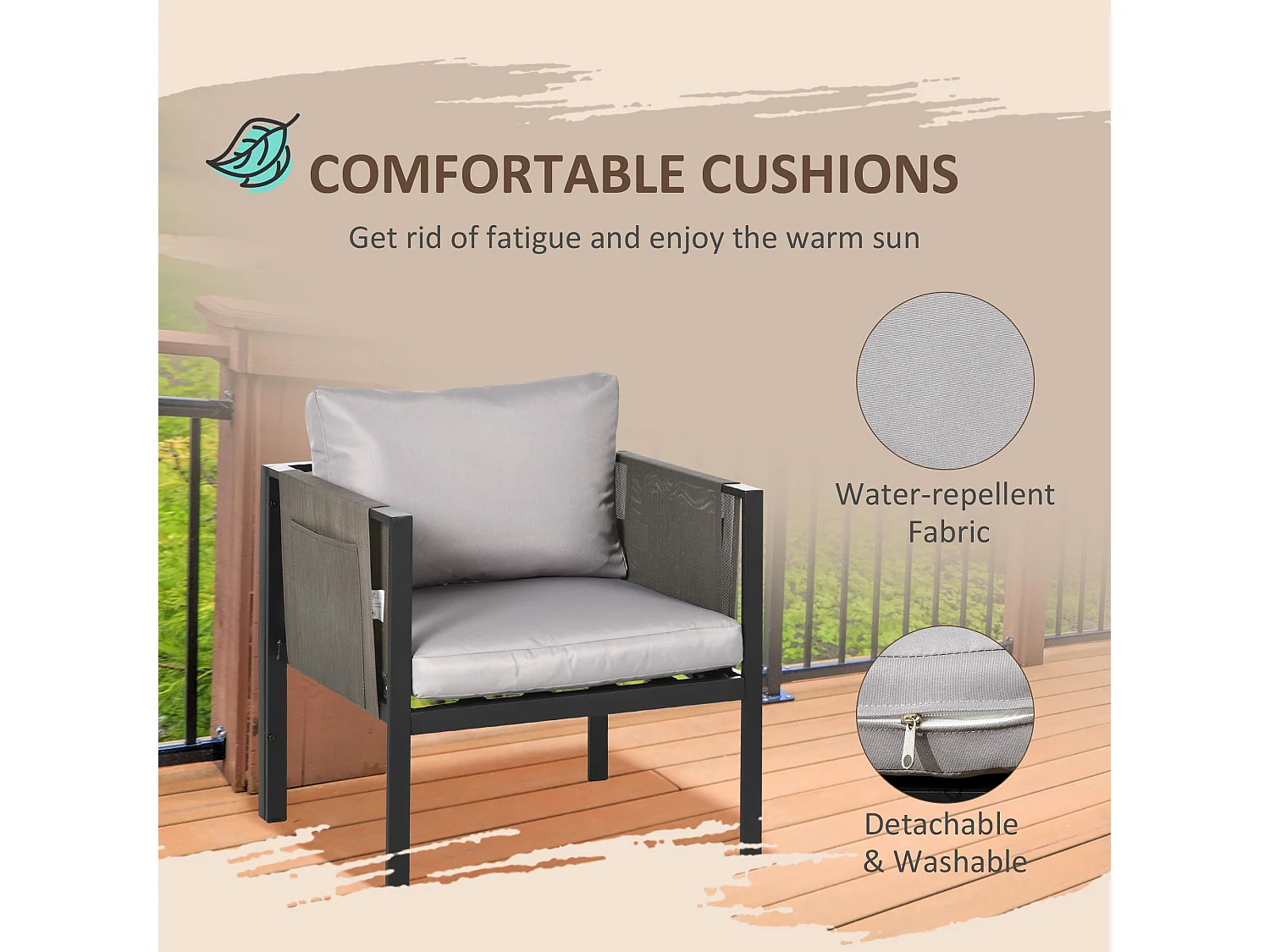 Vafa 4 Seater Metal Garden Sofa Set with Tempered Glass Coffee Table Black Frame and Light Grey Cushions
