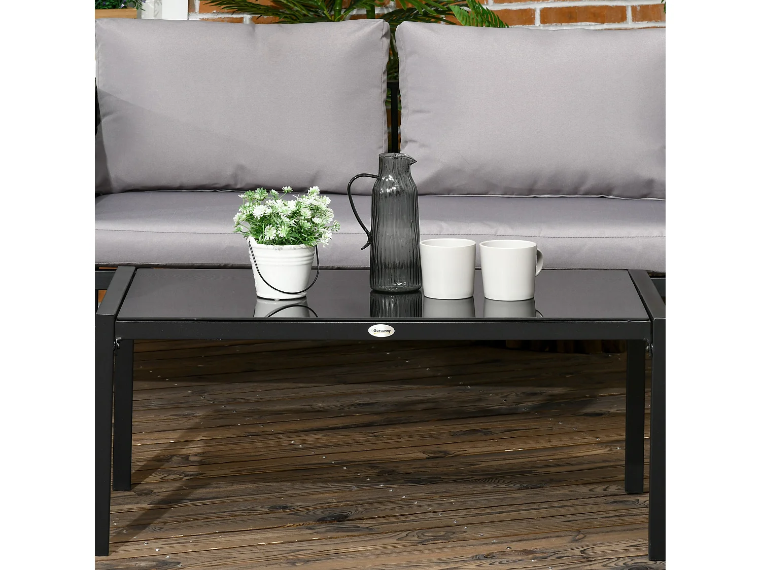 Vafa 4 Seater Metal Garden Sofa Set with Tempered Glass Coffee Table Black Frame and Light Grey Cushions